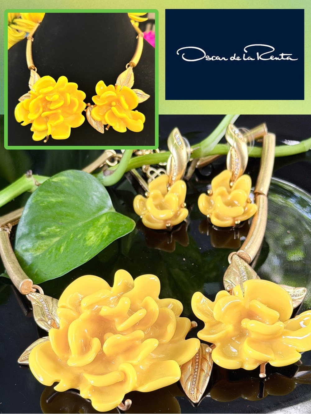 Oscar de la Renta Resin Flower Necklace w/ Earrings SET - Creamy Yellow/Gold - Picture 4 of 14